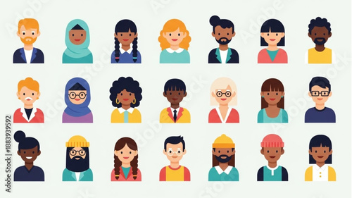 Diverse Group of People Avatars Representing Different Cultures and Professions.