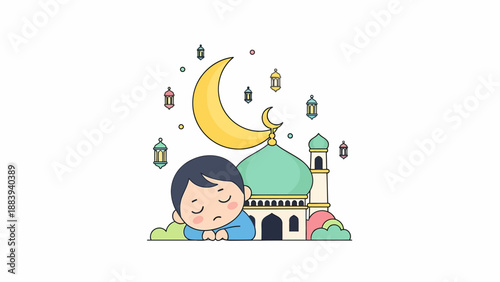Child Sleeping Near Mosque with Crescent Moon.