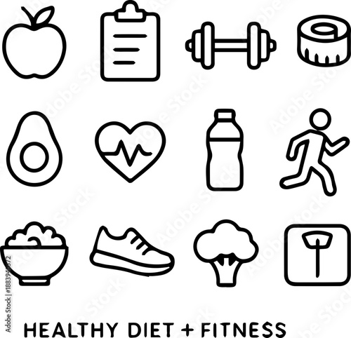 Diet Program and Healthy Lifestyle Line Icons