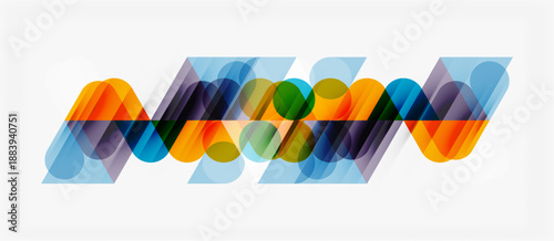 Abstract colorful layers create dynamic visual effect. Overlapping shapes suggest movement, depth, modern design.