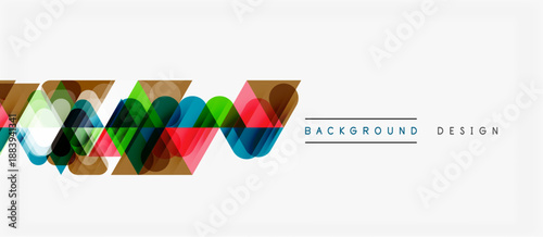 Abstract colorful shapes overlap, creating dynamic visual texture. White space dominates composition, with text elements present.