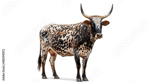 Majestic Longhorn Cattle Breed Isolated on White Background. Full-Length Studio Shot of a Spotted African Cow (Nguni/Watusi type) with Giant Curved Horns for Livestock and Agriculture.