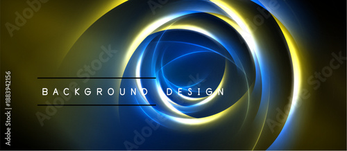 Abstract design features concentric circles, vibrant blue, gold hues. Dark background emphasizes glowing lines, modern aesthetic.