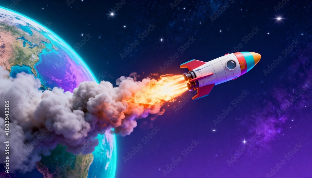 Fototapeta premium Colorful 3D rocket blasting off with fire and smoke near planet Earth in starry galaxy. Startup, innovation, exploration and sci-fi background with copy space.
