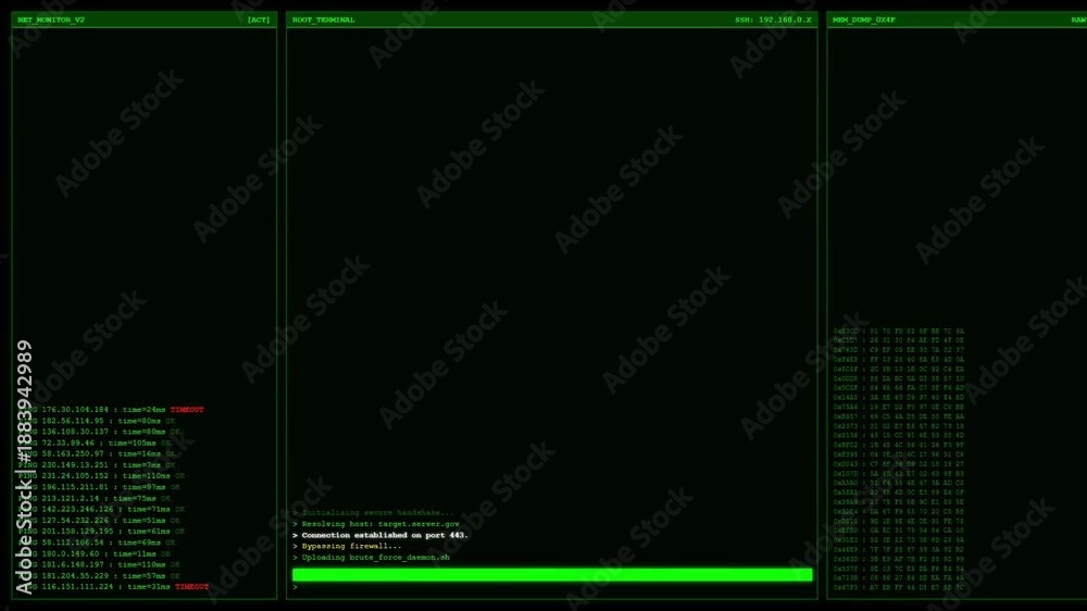 custom made wallpaper toronto digitalRetro CRT hacker interface with three windows displaying network ping, hex dump, and command line logs. A brute force attack sequence executes, leading to a large Access Granted overlay.