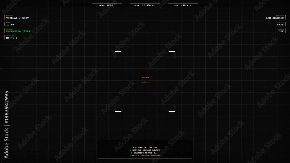 custom made wallpaper toronto digitalMilitary drone HUD overlay scanning a wireframe terrain. The crosshair locks onto a hostile target, zooms in, and launches a missile payload, resulting in a screen flash and confirmed kill.