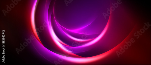 Abstract neon layers create swirling vortex. Vivid magenta, purple, red hues dominate dark background. Smooth gradients suggest movement, depth.