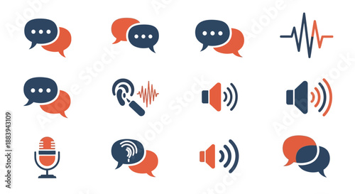 A collection of social justice icons and symbols in orange and blue, featuring speech bubbles, sound waves, and a microphone against a clean white background.