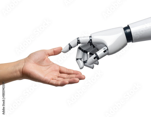 Robot and human hands about to touch, a modern Creation of Adam concept. Isolated on transparent background.