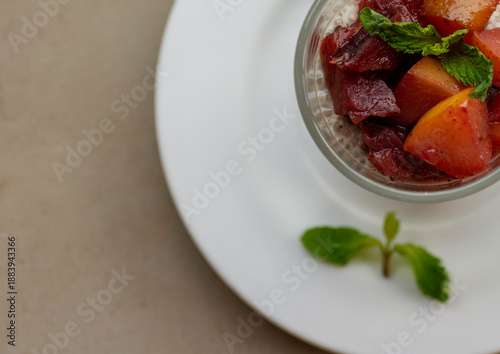 Wallpaper Mural Fruit Salad with chia seeds, in a glass bowl  quarter top view, close up.  Torontodigital.ca