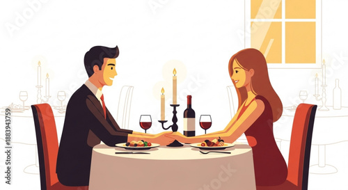 Couple enjoying a romantic dinner together at a cozy restaurant table with wine and candlelight