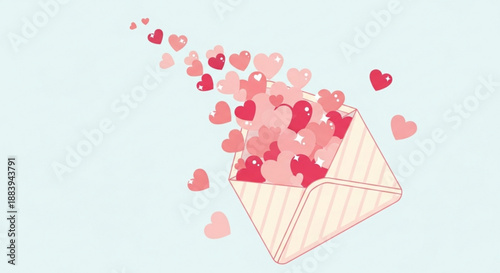 Red and pink hearts spilling out of an envelope in a whimsical illustration of love and affection from a top-down viewpoint