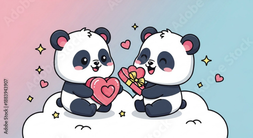 Two pandas exchanging gifts on a cloud surrounded by hearts and sparkles