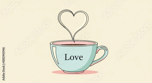 Heart-shaped steam rises from a cup with love written on it, illustrating affection in a simple illustration
