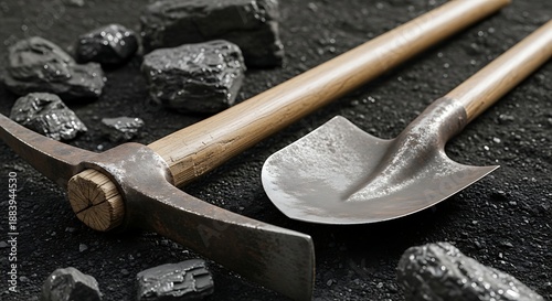 Pickaxe and shovel on coal