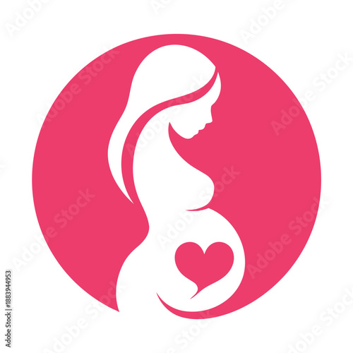 Pregnant woman silhouette with heart on belly in pink circle icon