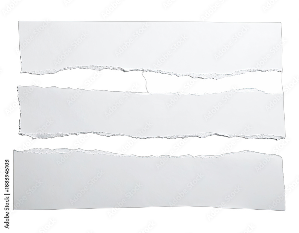 Fototapeta premium Three horizontal strips of torn white paper against a solid black background.