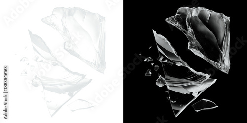 Fotografie Shattered glass fragments in motion on black and white backgrounds