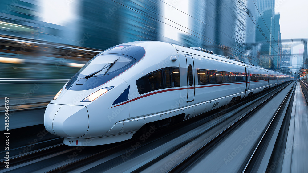 Fototapeta premium A sleek train races past modern buildings, showcasing speed and innovation in the evening light Generative AI