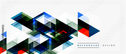 Abstract geometric shapes create dynamic composition. Blue, black, red, gray tones dominate design. Modern style, clean lines present visual interest.