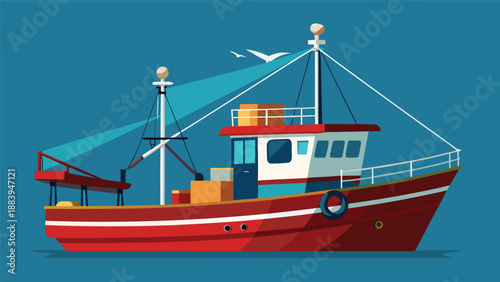 A colorful digital illustration of a fishing boat in the open sea. The boat is equipped with fishing gear and cargo, with seagulls flying above it, evoking a sense of adventure on the water