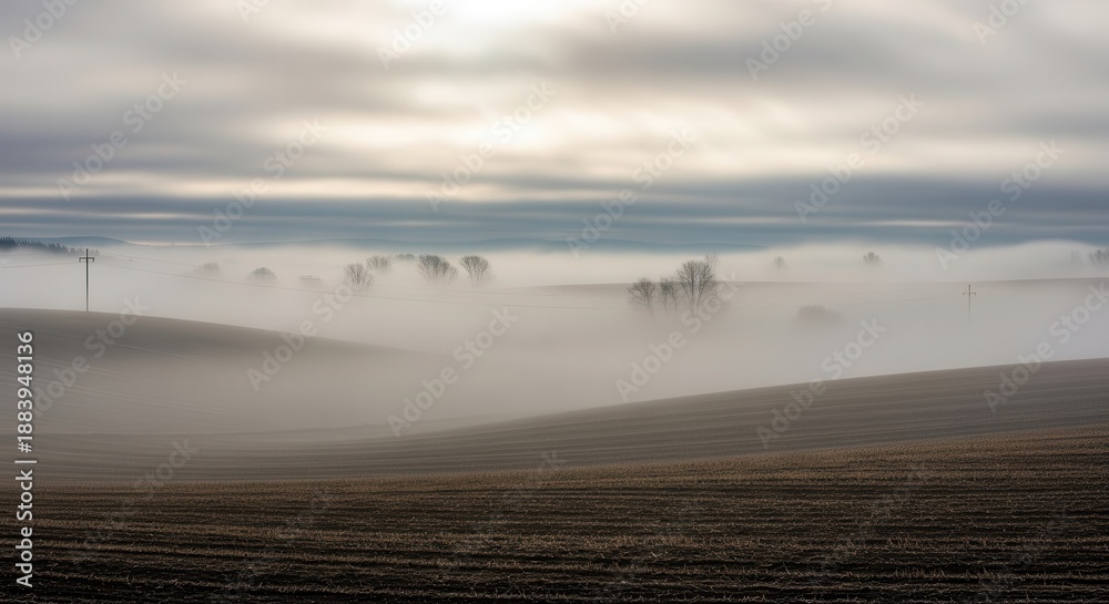 Obraz premium Rolling cultivated fields disappear into thick atmospheric fog beneath a bright, clouded sky