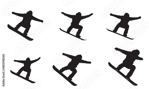 Collection of six snowboarder silhouettes in various dynamic jumping poses on white background.