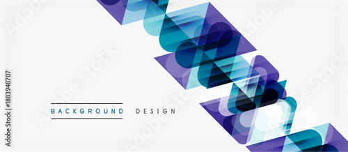 Abstract geometric pattern. Overlapping shapes create dynamic visual flow. Blue, purple hues dominate white background. Modern design element.