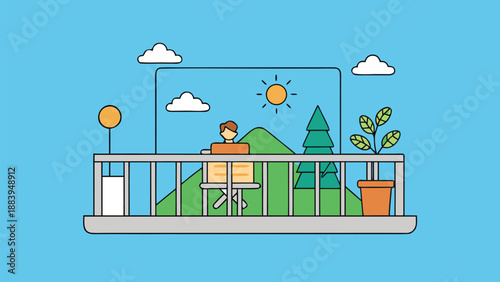 Person enjoying serene sunny morning view of nature from apartment balcony illustration