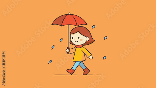Adorable cartoon girl walks happily holding a red umbrella during the rainy autumn season
