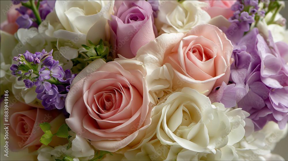 Obraz premium Delicate roses and hydrangeas bloom in soft pastels, forming a vibrant floral arrangement Generative AI