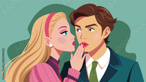A colorful illustration of a young couple, with the woman whispering a secret into the man's ear, exuding a playful and flirtatious vibe, capturing the essence of a private, intimate moment