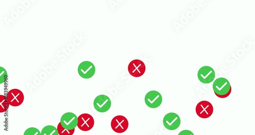 Dynamic animation of green checkmarks and red crosses appearing and disappearing, representing choices, decisions, or feedback. This abstract background illustrates success and failure.