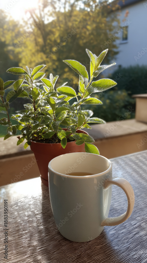 Fototapeta premium Morning sunlight balcony mug herb plant potted outdoor soft light touches green leaf and warm drink on table, gentle steam rising on terrace, quiet garden view in golden glow, home scene