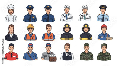 Diverse group of professionals in uniform and work attire.