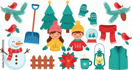 Cute Winter Holiday Elements Illustration Set With Kids Snowman Christmas Decorations And Cozy Seasonal Items