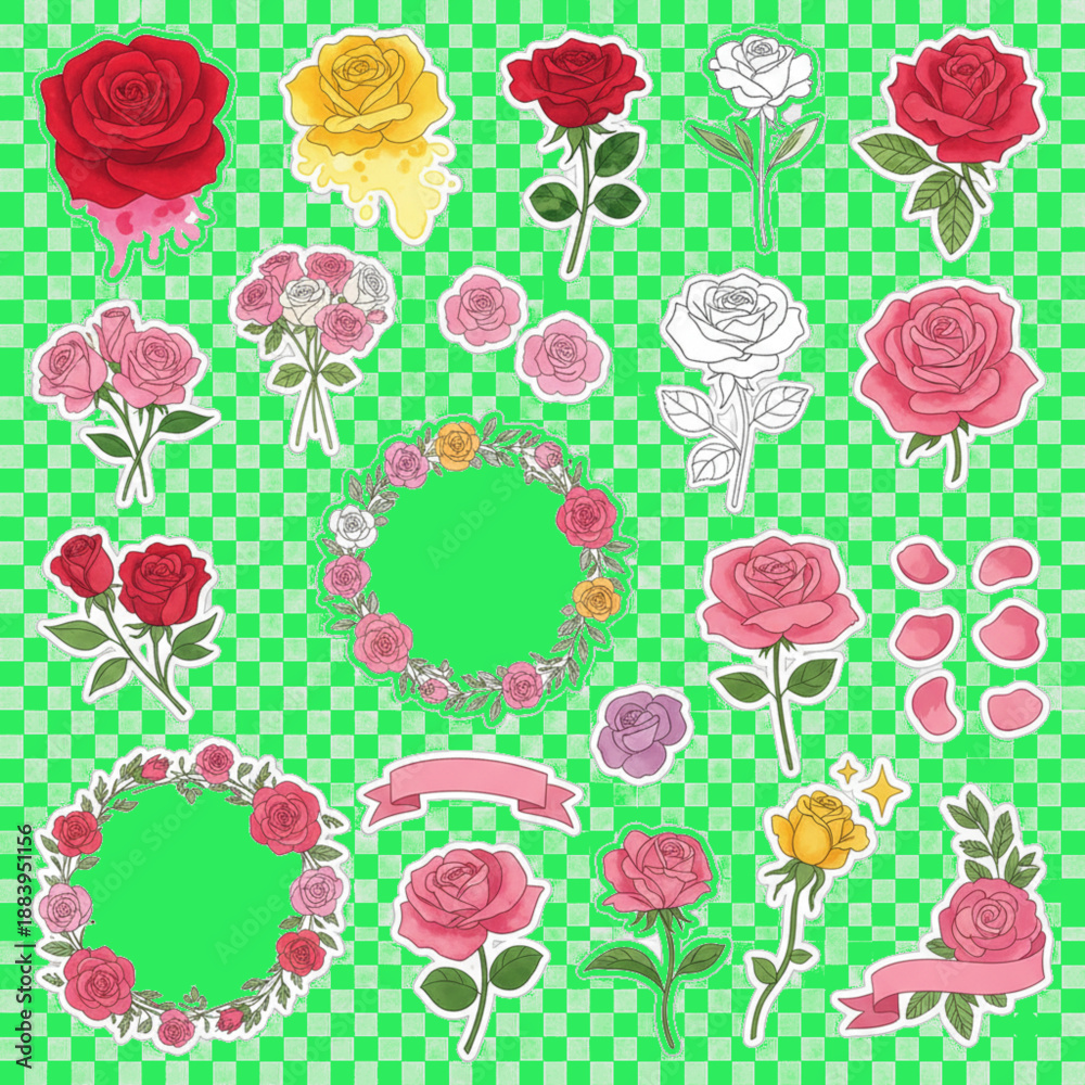 Naklejka premium A charming collection of rose-themed stickers featuring various designs, including single blooms, bouquets, floral wreaths, and delicate petals. The set showcases a romantic palette of red, pink, 