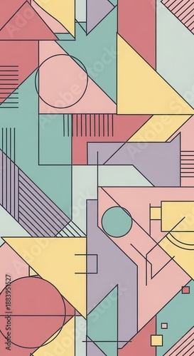 Abstract geometric composition featuring pastel colors and dark line work for background design