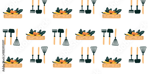 rustic harvest and gardening tools seamless background pattern