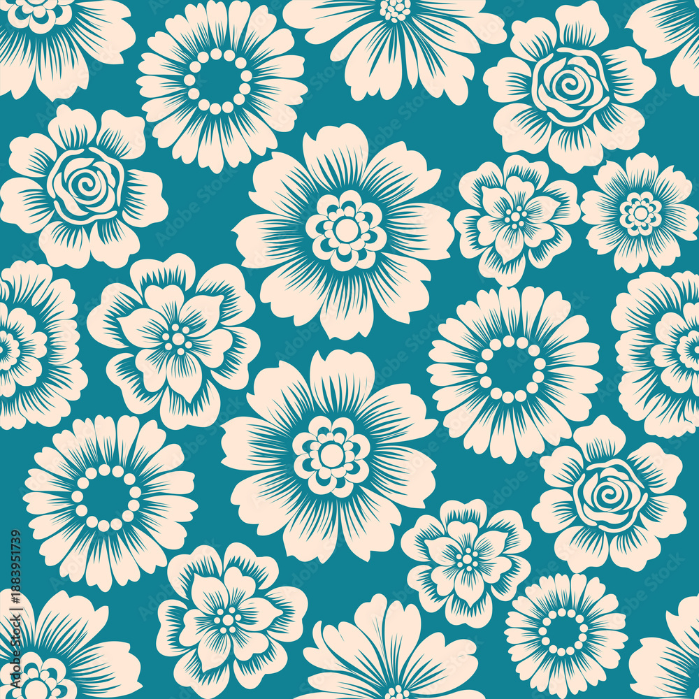 Fototapeta premium Elegant vintage floral seamless pattern with detailed flowers on teal background, suitable for fabric, wallpaper, and classic surface design.