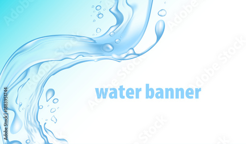 水の流れと水滴が躍動的に広がる横長バナー向け抽象背景イラスト、清潔感と透明感を演出できる美容・医療・環境系のウェブ広告やヘッダーデザインに使える素材