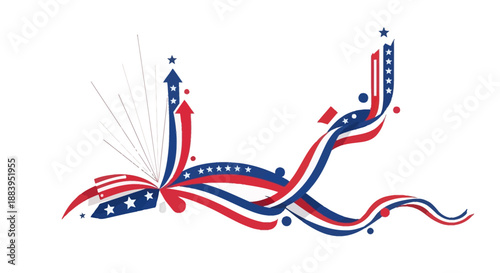 Patriotic USA elements featuring red, white, and blue ribbons with star and stripe patterns, exploding fireworks on a clean white background.
