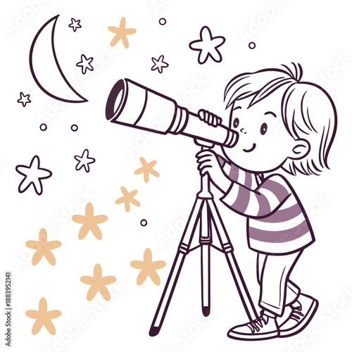 A cartoon vector illustration of a little girl with a telescope and a ball playing near a woman photographer with a camera and a ladder