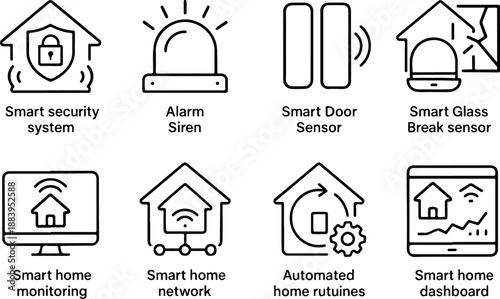 Smart home automation and security icons on white background