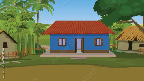 Explore the vibrant charm of rural village life, featuring quaint homes nestled among lush palm trees and a serene blue sky backdrop for a peaceful getaway