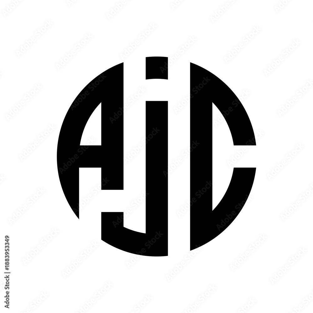 Fototapeta premium A black circular logo featuring the stylized white letters AJC intertwined within its shape, creating a modern monogram.