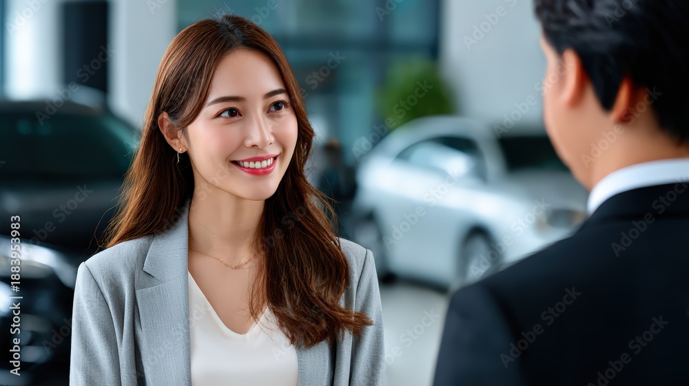 Fototapeta premium Car Saleswoman Assisting Customer In Showroom