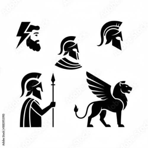 Ancient Greek Mythology Icons Zeus Spartan Helmet and Winged Lion