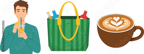 Man Drinking Beverage With Reusable Shopping Bag And Coffee Cup Illustration Representing Sustainable Lifestyle