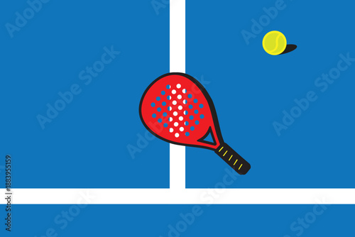 A vector illustration shows a red padel racket and ball resting on a padel court, capturing sporty elegance, modern energy, and dynamic passion for padel in a clean, bold athletic design.